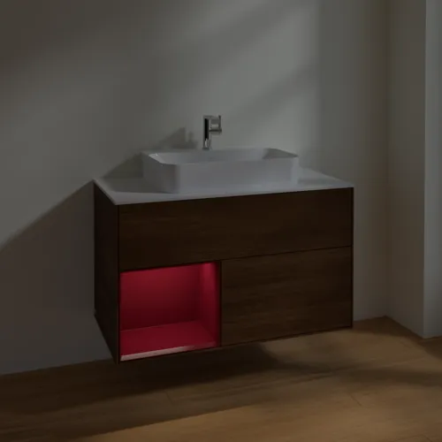 VILLEROY BOCH Toaletní skříňka Finion, s osvětlením, 2 výsuvy, 1000 x 603 x 501 mm, ořechová dýha / matný lak Pivoňka / matné bílé sklo #F361HBGN, obrázek 5