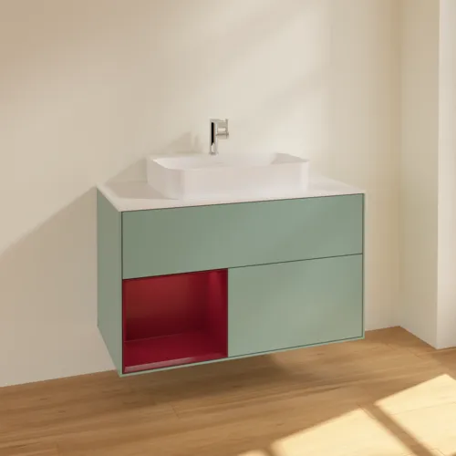 VILLEROY BOCH Toaletní skříňka Finion, s osvětlením, 2 výsuvy, 1000 x 603 x 501 mm, olivový matný lak / pivoňkový matný lak / bílé matné sklo #F361HBGM, obrázek 2