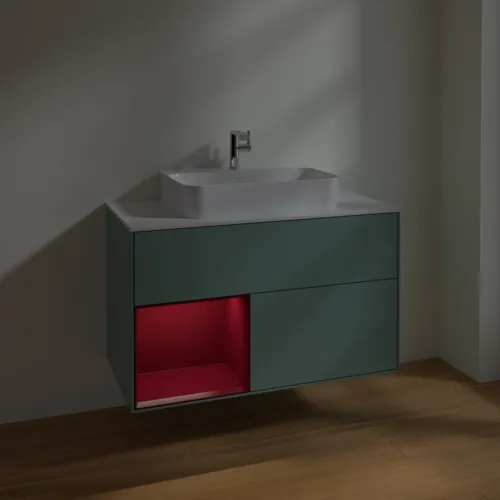 VILLEROY BOCH Toaletní skříňka Finion, s osvětlením, 2 výsuvy, 1000 x 603 x 501 mm, olivový matný lak / pivoňkový matný lak / bílé matné sklo #F361HBGM, obrázek 5
