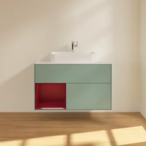 VILLEROY BOCH Toaletní skříňka Finion, s osvětlením, 2 výsuvy, 1000 x 603 x 501 mm, olivový matný lak / pivoňkový matný lak / bílé matné sklo #F361HBGM, obrázek 3