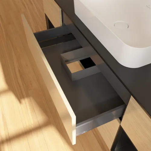 VILLEROY BOCH Toaletní skříňka Finion, s osvětlením, 4 výsuvy, 1600 x 603 x 501 mm, dubová dýha / černý matný lak / černé matné sklo #F742PDPC, obrázek 8