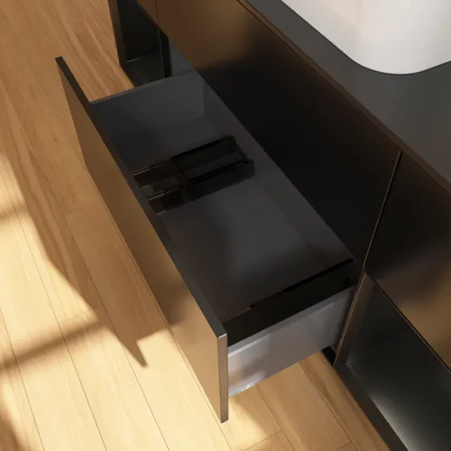 VILLEROY BOCH Toaletní skříňka Finion, s osvětlením, 4 výsuvy, 1600 x 603 x 501 mm, černý matný lak / černý matný lak / černé matné sklo #F742PDPD, obrázek 7