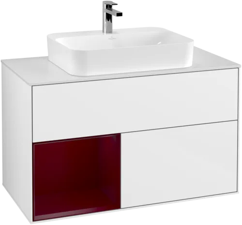 VILLEROY BOCH Toaletní skříňka Finion, s osvětlením, 2 výsuvy, 1000 x 603 x 501 mm, lesklý bílý lak / matný lak Pivoňka / matné bílé sklo #F361HBGF