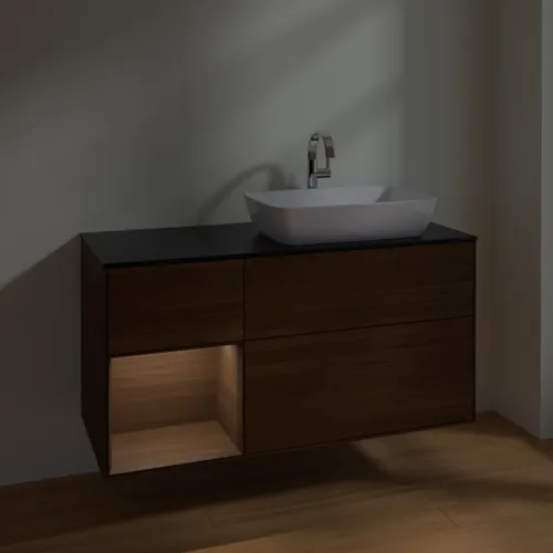 VILLEROY BOCH Toaletní skříňka Finion, s osvětlením, 3 výsuvy, 1200 x 603 x 501 mm, ořechová dýha / ořechová dýha / sklo černé matné #F802GNGN, obrázek 5