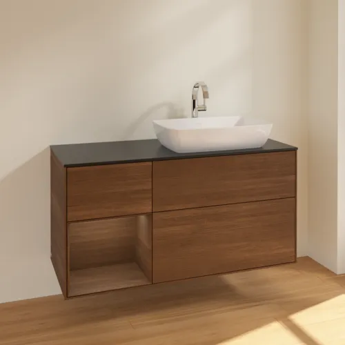 VILLEROY BOCH Toaletní skříňka Finion, s osvětlením, 3 výsuvy, 1200 x 603 x 501 mm, ořechová dýha / ořechová dýha / sklo černé matné #F802GNGN, obrázek 2