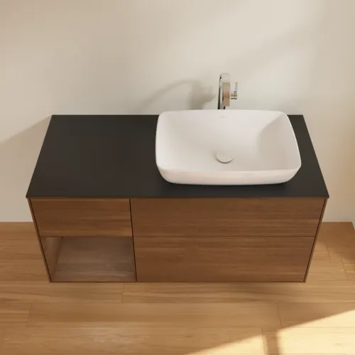 VILLEROY BOCH Toaletní skříňka Finion, s osvětlením, 3 výsuvy, 1200 x 603 x 501 mm, ořechová dýha / ořechová dýha / sklo černé matné #F802GNGN, obrázek 4