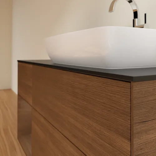 VILLEROY BOCH Toaletní skříňka Finion, s osvětlením, 3 výsuvy, 1200 x 603 x 501 mm, ořechová dýha / ořechová dýha / sklo černé matné #F802GNGN, obrázek 6