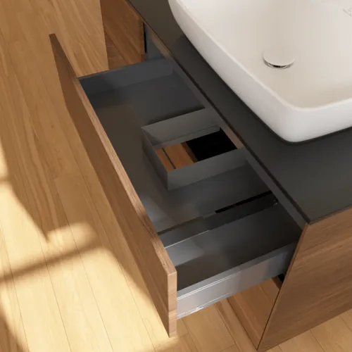 VILLEROY BOCH Toaletní skříňka Finion, s osvětlením, 3 výsuvy, 1200 x 603 x 501 mm, ořechová dýha / ořechová dýha / sklo černé matné #F802GNGN, obrázek 8