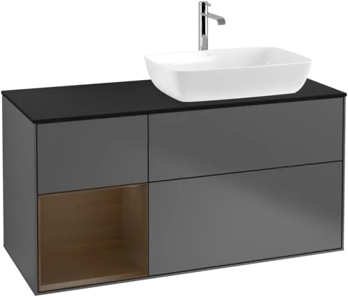 VILLEROY BOCH Toaletní skříňka Finion, s osvětlením, 3 výsuvy, 1200 x 603 x 501 mm, antracitový matný lak / ořechová dýha / černé matné sklo #F802GNGK, obrázek 1