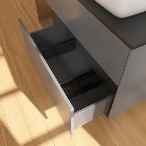 VILLEROY BOCH Toaletní skříňka Finion, s osvětlením, 3 výsuvy, 1200 x 603 x 501 mm, antracitový matný lak / ořechová dýha / černé matné sklo #F802GNGK, obrázek 3