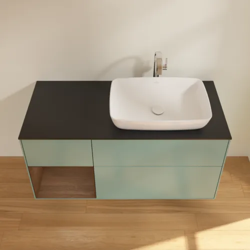 VILLEROY BOCH Toaletní skříňka Finion, s osvětlením, 3 výsuvy, 1200 x 603 x 501 mm, olivový matný lak / ořechová dýha / černé matné sklo #F802GNGM, obrázek 3