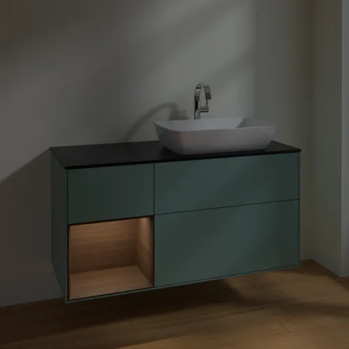 VILLEROY BOCH Toaletní skříňka Finion, s osvětlením, 3 výsuvy, 1200 x 603 x 501 mm, olivový matný lak / ořechová dýha / černé matné sklo #F802GNGM, obrázek 4