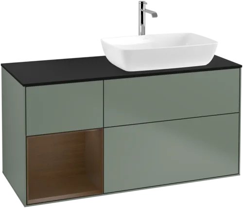 VILLEROY BOCH Toaletní skříňka Finion, s osvětlením, 3 výsuvy, 1200 x 603 x 501 mm, olivový matný lak / ořechová dýha / černé matné sklo #F802GNGM, obrázek 1