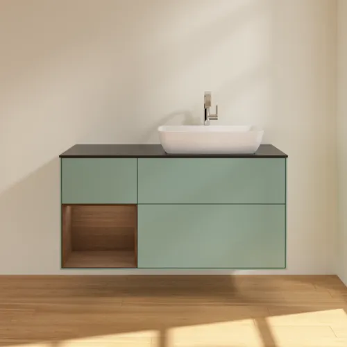 VILLEROY BOCH Toaletní skříňka Finion, s osvětlením, 3 výsuvy, 1200 x 603 x 501 mm, olivový matný lak / ořechová dýha / černé matné sklo #F802GNGM, obrázek 2