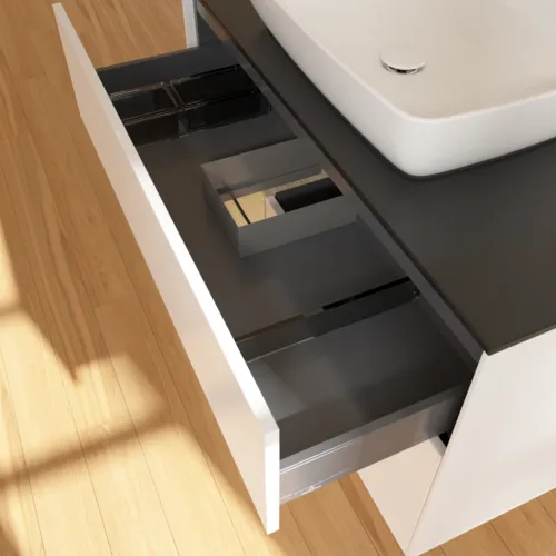 VILLEROY BOCH Toaletní skříňka Finion, s osvětlením, 2 výsuvy, 1000 x 603 x 501 mm, bílý matný lak / dubová dýha / černé matné sklo #F772PCMT, obrázek 8