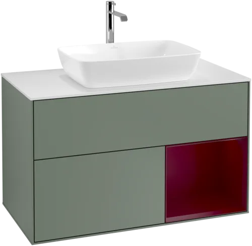 VILLEROY BOCH Toaletní skříňka Finion, s osvětlením, 2 výsuvy, 1000 x 603 x 501 mm, olivový matný lak / pivoňkový matný lak / bílé matné sklo #F781HBGM, obrázek 1