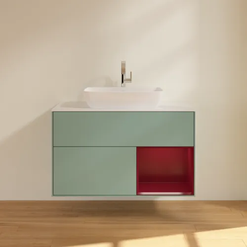VILLEROY BOCH Toaletní skříňka Finion, s osvětlením, 2 výsuvy, 1000 x 603 x 501 mm, olivový matný lak / pivoňkový matný lak / bílé matné sklo #F781HBGM, obrázek 3