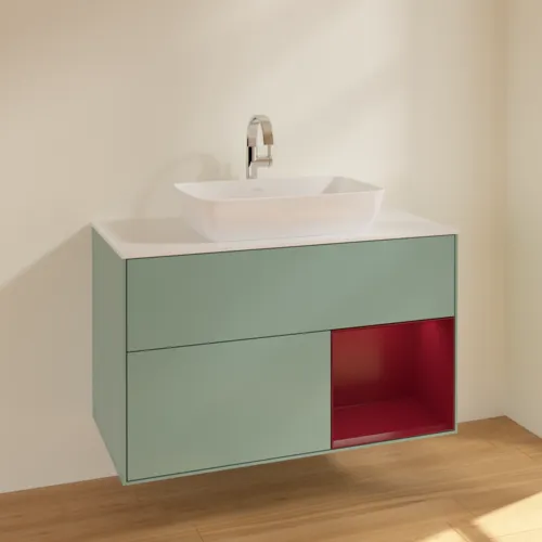 VILLEROY BOCH Toaletní skříňka Finion, s osvětlením, 2 výsuvy, 1000 x 603 x 501 mm, olivový matný lak / pivoňkový matný lak / bílé matné sklo #F781HBGM, obrázek 2