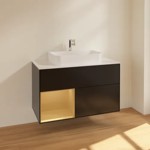 VILLEROY BOCH Toaletní skříňka Finion, s osvětlením, 2 výsuvy, 1000 x 603 x 501 mm, černý matný lak / zlatý matný lak / bílé matné sklo #F361HFPD, obrázek 2