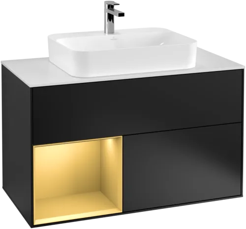VILLEROY BOCH Toaletní skříňka Finion, s osvětlením, 2 výsuvy, 1000 x 603 x 501 mm, černý matný lak / zlatý matný lak / bílé matné sklo #F361HFPD