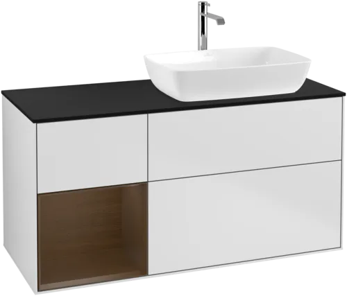 VILLEROY BOCH Toaletní skříňka Finion, s osvětlením, 3 výsuvy, 1200 x 603 x 501 mm, bílý matný lak / ořechová dýha / černé matné sklo #F802GNMT
