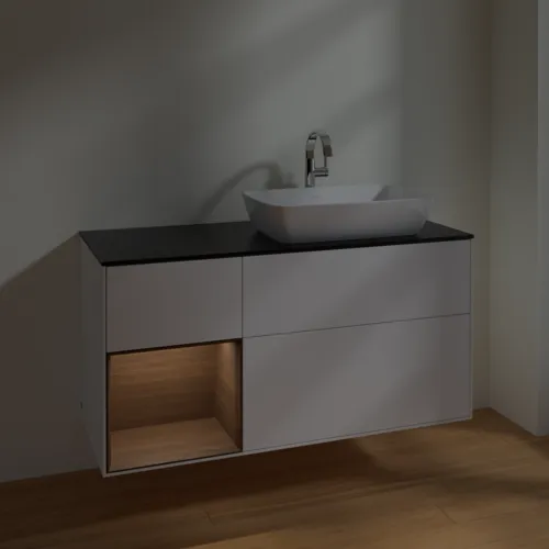 VILLEROY BOCH Toaletní skříňka Finion, s osvětlením, 3 výsuvy, 1200 x 603 x 501 mm, bílý matný lak / ořechová dýha / černé matné sklo #F802GNMT, obrázek 2