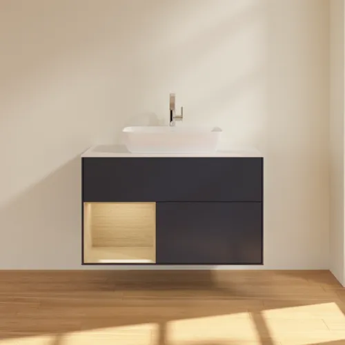 VILLEROY BOCH Toaletní skříňka Finion, s osvětlením, 2 výsuvy, 1000 x 603 x 501 mm, Midnight Blue Matt Lacquer / Oak Veneer / Glass White Matt #F771PCHG, obrázek 3