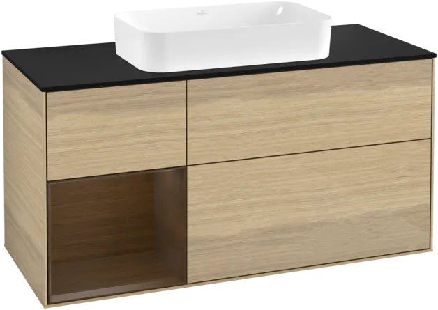 VILLEROY BOCH Toaletní stolek Finion, s osvětlením, 3 výsuvy, 1200 x 603 x 501 mm, dubová dýha / ořechová dýha / sklo černé matné #F292GNPC