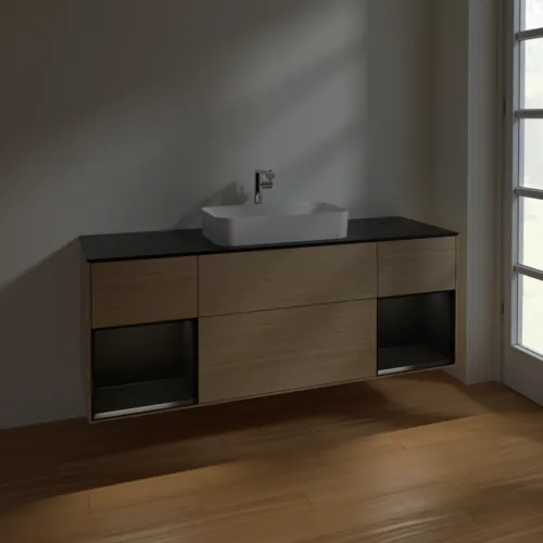 VILLEROY BOCH Toaletní skříňka Finion, s osvětlením, 4 výsuvy, 1600 x 603 x 501 mm, dubová dýha / černý matný lak / černé matné sklo #F332PDPC, obrázek 5