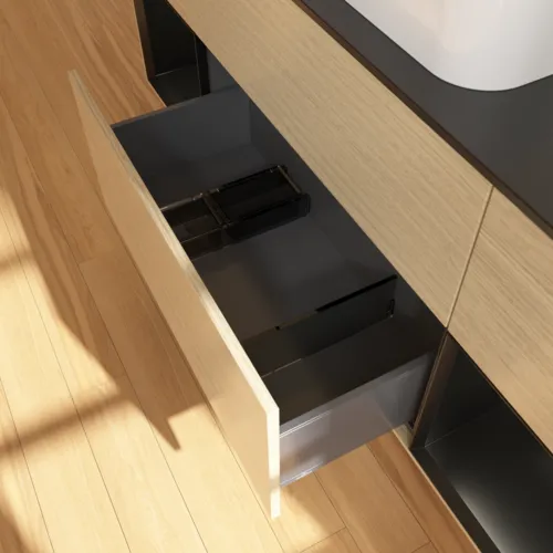VILLEROY BOCH Toaletní skříňka Finion, s osvětlením, 4 výsuvy, 1600 x 603 x 501 mm, dubová dýha / černý matný lak / černé matné sklo #F332PDPC, obrázek 7