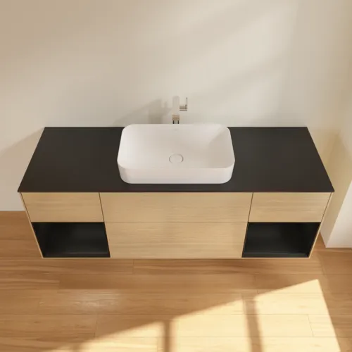 VILLEROY BOCH Toaletní skříňka Finion, s osvětlením, 4 výsuvy, 1600 x 603 x 501 mm, dubová dýha / černý matný lak / černé matné sklo #F332PDPC, obrázek 4
