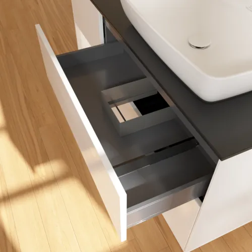 VILLEROY BOCH Toaletní skříňka Finion, s osvětlením, 3 výsuvy, 1200 x 603 x 501 mm, lesklý bílý lak / bílý matný lak / sklo černé matné #F802MTGF, obrázek 7
