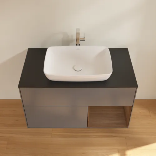 VILLEROY BOCH Toaletní skříňka Finion, s osvětlením, 2 výsuvy, 1000 x 603 x 501 mm, antracitový matný lak / ořechová dýha / černé matné sklo #F782GNGK, obrázek 4