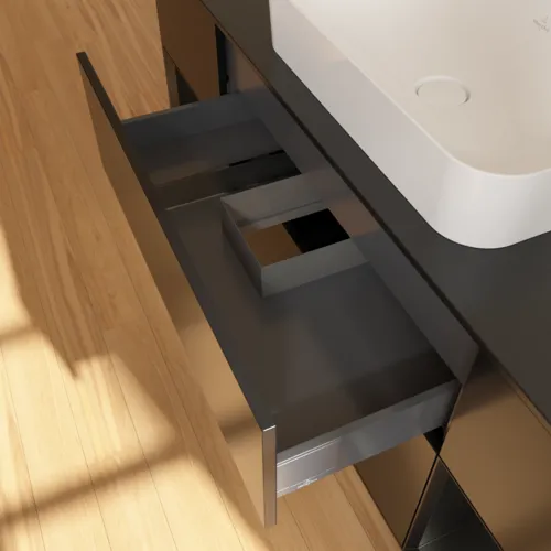 VILLEROY BOCH Toaletní skříňka Finion, s osvětlením, 4 výsuvy, 1600 x 603 x 501 mm, černý matný lak / černý matný lak / černé matné sklo #F332PDPD, obrázek 8