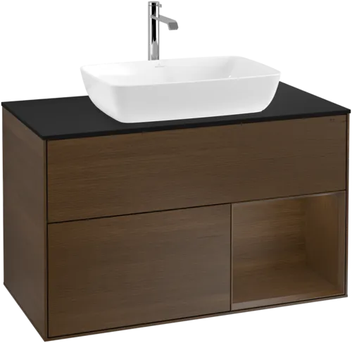 VILLEROY BOCH Toaletní stolek Finion, s osvětlením, 2 výsuvy, 1000 x 603 x 501 mm, ořechová dýha / ořechová dýha / sklo černé matné #F782GNGN, obrázek 1