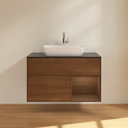 VILLEROY BOCH Toaletní stolek Finion, s osvětlením, 2 výsuvy, 1000 x 603 x 501 mm, ořechová dýha / ořechová dýha / sklo černé matné #F782GNGN, obrázek 3