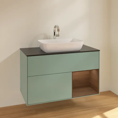 VILLEROY BOCH Toaletní skříňka Finion, s osvětlením, 2 výsuvy, 1000 x 603 x 501 mm, olivový matný lak / ořechová dýha / černé matné sklo #F782GNGM, obrázek 2