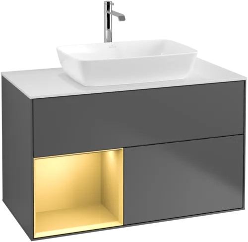 VILLEROY BOCH Toaletní skříňka Finion, s osvětlením, 2 výsuvy, 1000 x 603 x 501 mm, antracitový matný lak / zlatý matný lak / bílé matné sklo #F771HFGK, obrázek 1