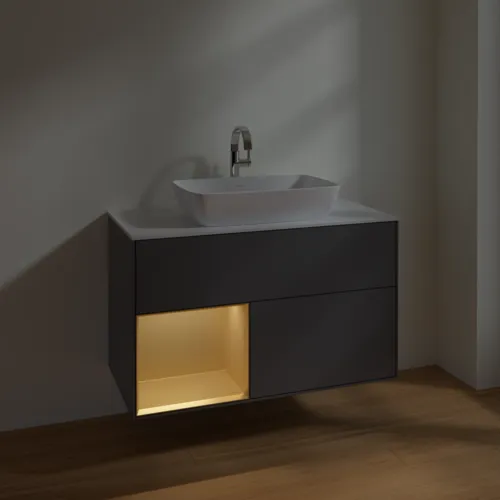VILLEROY BOCH Toaletní skříňka Finion, s osvětlením, 2 výsuvy, 1000 x 603 x 501 mm, antracitový matný lak / zlatý matný lak / bílé matné sklo #F771HFGK, obrázek 5
