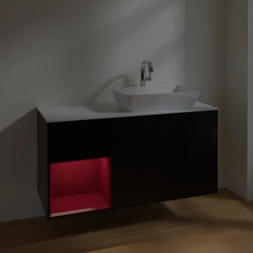 VILLEROY BOCH Toaletní skříňka Finion, s osvětlením, 3 výsuvy, 1200 x 603 x 501 mm, černý matný lak / pivoňkový matný lak / bílé matné sklo #F801HBPD, obrázek 2