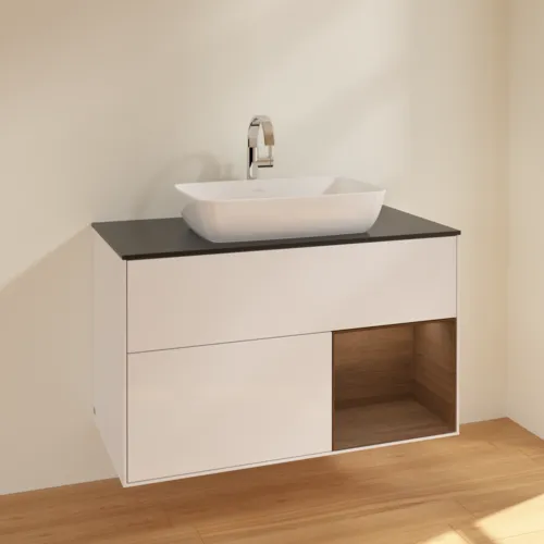VILLEROY BOCH Toaletní skříňka Finion, s osvětlením, 2 výsuvy, 1000 x 603 x 501 mm, lesklý bílý lak / ořechová dýha / černé matné sklo #F782GNGF, obrázek 2