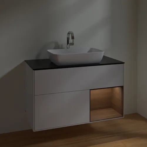 VILLEROY BOCH Toaletní skříňka Finion, s osvětlením, 2 výsuvy, 1000 x 603 x 501 mm, lesklý bílý lak / ořechová dýha / černé matné sklo #F782GNGF, obrázek 5