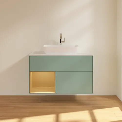 VILLEROY BOCH Toaletní skříňka Finion, s osvětlením, 2 výsuvy, 1000 x 603 x 501 mm, olivový matný lak / zlatý matný lak / bílé matné sklo #F771HFGM, obrázek 3