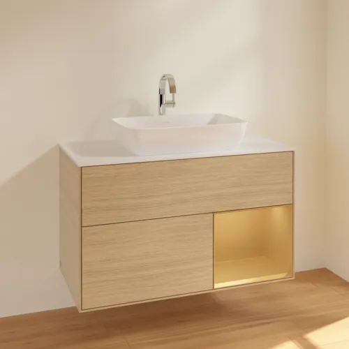 VILLEROY BOCH Toaletní stolek Finion, s osvětlením, 2 výsuvy, 1000 x 603 x 501 mm, dubová dýha / zlatý matný lak / sklo bílé matné #F781HFPC, obrázek 2