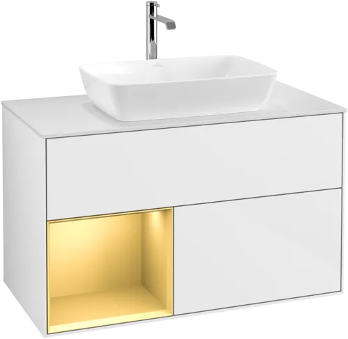 VILLEROY BOCH Toaletní skříňka Finion, s osvětlením, 2 výsuvy, 1000 x 603 x 501 mm, lesklý bílý lak / zlatý matný lak / bílé matné sklo #F771HFGF, obrázek 1