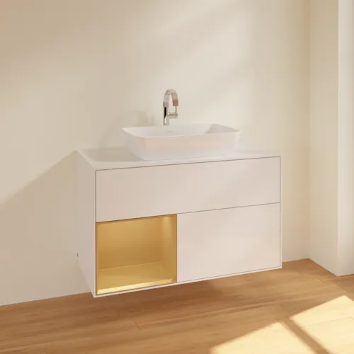 VILLEROY BOCH Toaletní skříňka Finion, s osvětlením, 2 výsuvy, 1000 x 603 x 501 mm, lesklý bílý lak / zlatý matný lak / bílé matné sklo #F771HFGF, obrázek 2