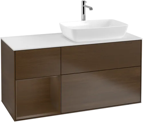 VILLEROY BOCH Toaletní skříňka Finion, s osvětlením, 3 výsuvy, 1200 x 603 x 501 mm, ořechová dýha / ořechová dýha / sklo bílé matné #F801GNGN, obrázek 1