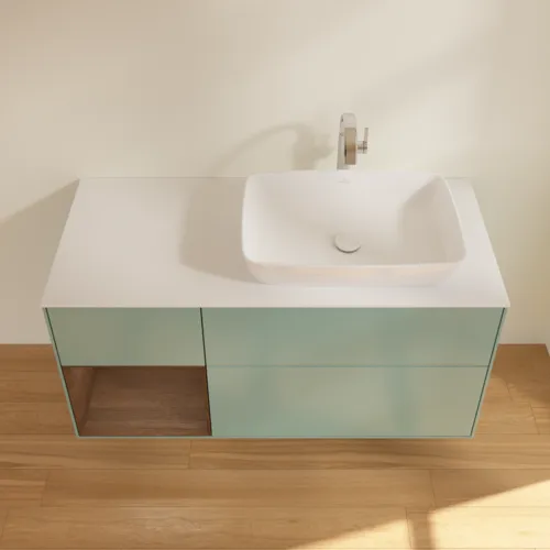 VILLEROY BOCH Toaletní skříňka Finion, s osvětlením, 3 výsuvy, 1200 x 603 x 501 mm, olivový matný lak / ořechová dýha / sklo bílé matné #F801GNGM, obrázek 3