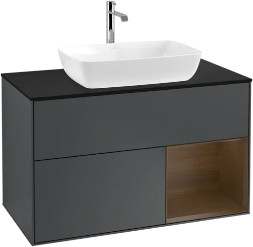 VILLEROY BOCH Toaletní skříňka Finion, s osvětlením, 2 výsuvy, 1000 x 603 x 501 mm, půlnočně modrý matný lak / ořechová dýha / černé matné sklo #F782GNHG