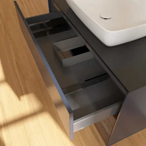 VILLEROY BOCH Toaletní skříňka Finion, s osvětlením, 2 výsuvy, 1000 x 603 x 501 mm, půlnočně modrý matný lak / ořechová dýha / černé matné sklo #F782GNHG, obrázek 8